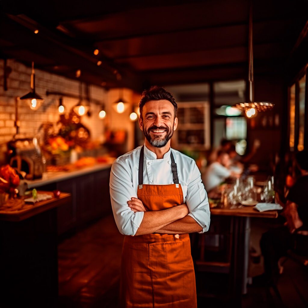 Homem sorrindo, com braços cruzados, ao centro de um comércio alimentício.|Tabela com os nove tópicos do Business Model Canvas|Quadro informativo sobre parâmetros de análise para públicos-alvo.